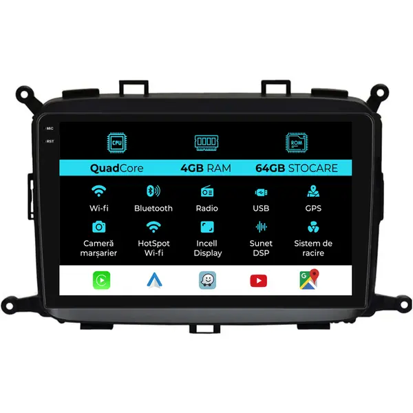 Navigatie Dedicata Kia Carens (2012-2017),QuadCore, 9Inch, 4Gb Ram, 64Gb Stocare, Carplay