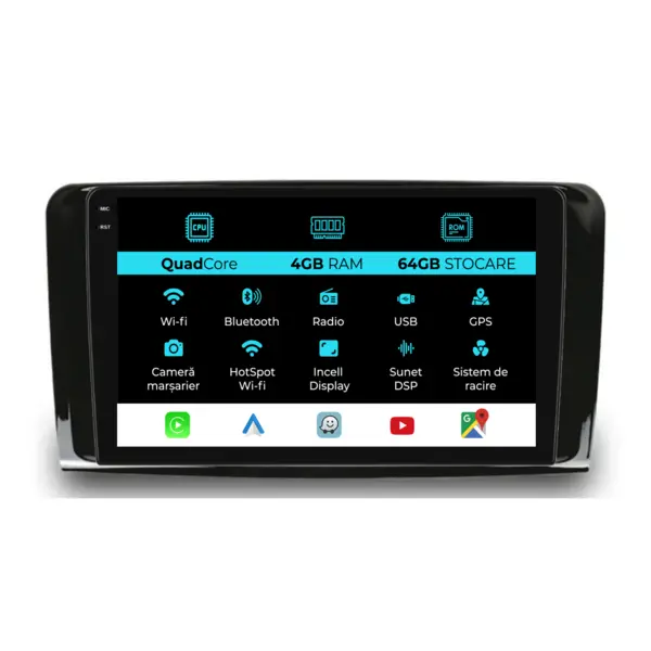 Navigatie Dedicata Mercedes-Benz ML W164 (2005 - 2011), QuadCore, 9 Inch, 4Gb Ram, 64Gb Stocare, Android Auto, Carplay