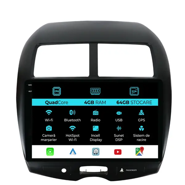 Navigatie Dedicata Mitsubishi ASX (2010 - 2019), QuadCore, 10 Inch, 4Gb Ram, 64Gb Stocare, Android Auto, Carplay