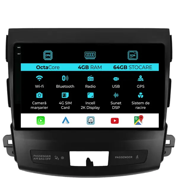 Navigatie Dedicata Mitsubishi Outlander (2005-2011), 2K, 4Gb Ram, 64Gb Stocare, Carplay