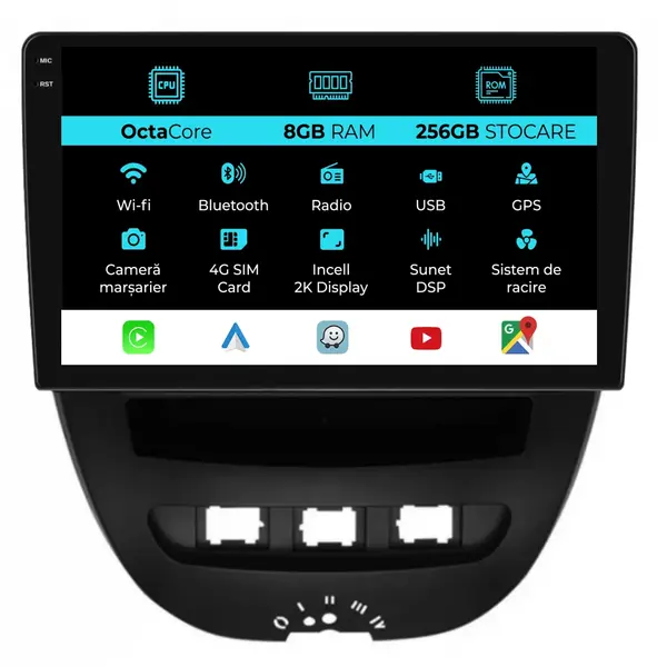 Navigatie Dedicata Peugeot 107 Citroen C1 Toyota Aygo (2005-2015),2K, 8Gb Ram, 256Gb Stocare, Carplay