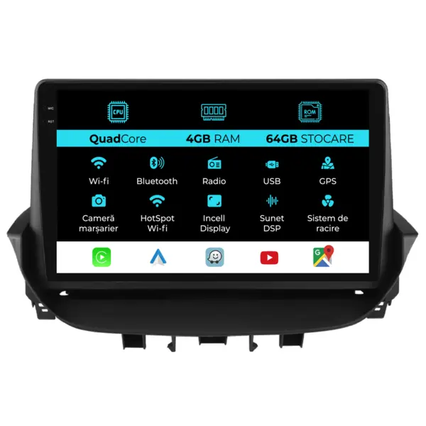 Navigatie Dedicata Renault Laguna (2001-2007),QuadCore, 9Inch, 4Gb Ram, 64Gb Stocare, Carplay