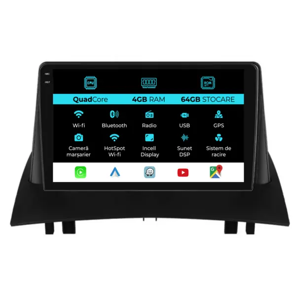 Navigatie Dedicata Renault Megane 2 (2002 - 2009), QuadCore, 9 Inch, 4Gb Ram, 64Gb Stocare, Android Auto, Carplay