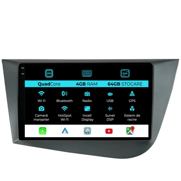 Navigatie Dedicata Seat Leon Mk2 (2005-2012),QuadCore, 9Inch, 4Gb Ram, 64Gb Stocare, Carplay