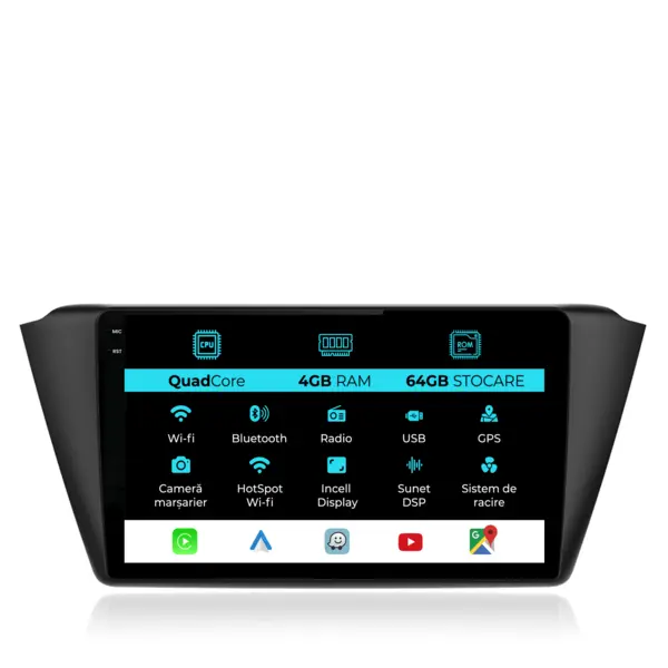 Navigatie Dedicata Skoda Fabia (2014 - 2019), QuadCore, 9 Inch, 4Gb Ram, 64Gb Stocare, Android Auto, Carplay