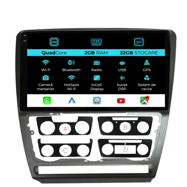 Navigatie Dedicata Skoda Octavia 2 (2004 - 2013), 10 Inch, 2Gb Ram, 32Gb Stocare, Android Auto, Carplay