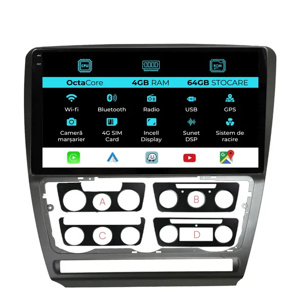 Navigatie Dedicata Skoda Octavia 2 (2004 - 2013), 10 Inch, 4Gb Ram, 64Gb Stocare, Android Auto, Carplay