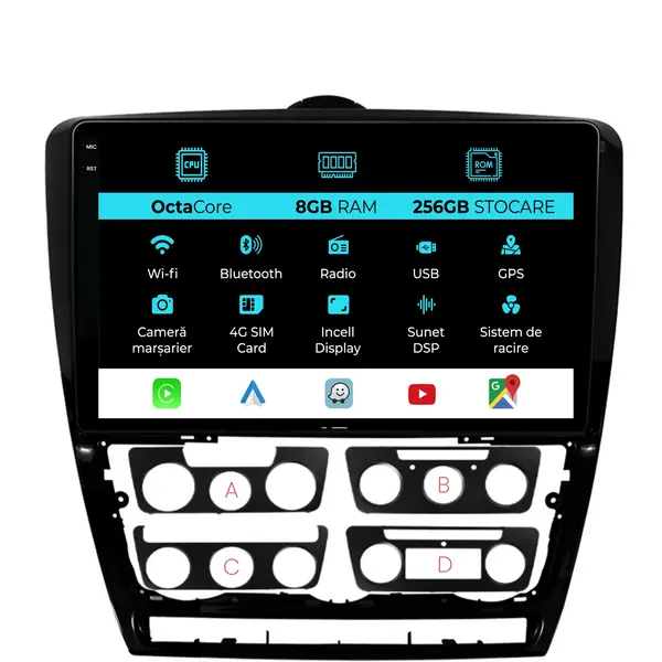 Navigatie Dedicata Skoda Octavia 2 (2004 - 2013), 10 Inch, 8Gb Ram, 256Gb Stocare, Android Auto, Carplay