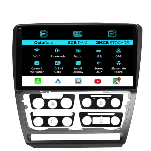Navigatie Dedicata Skoda Octavia 2 (2004 - 2013), 10 Inch, 8Gb Ram, 256Gb Stocare, Android Auto, Carplay