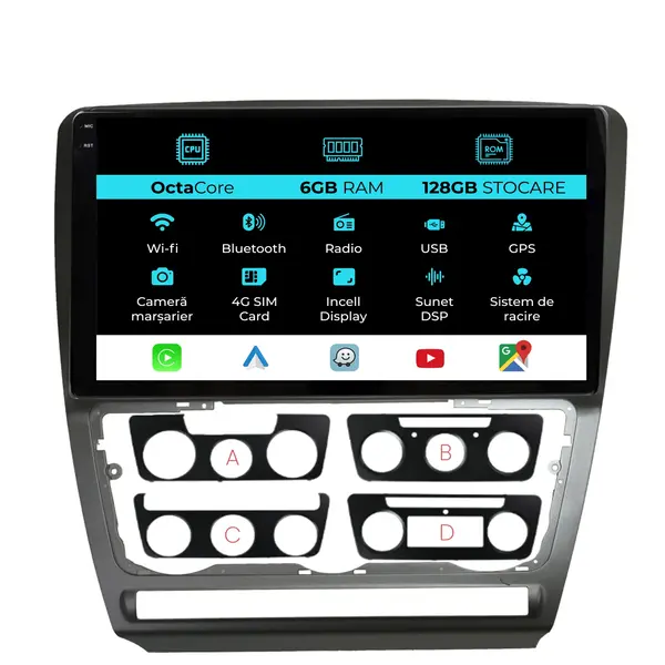 Navigatie Dedicata Skoda Octavia 2 (2004-2013), 10Inch, 6Gb Ram, 128Gb Stocare, Carplay