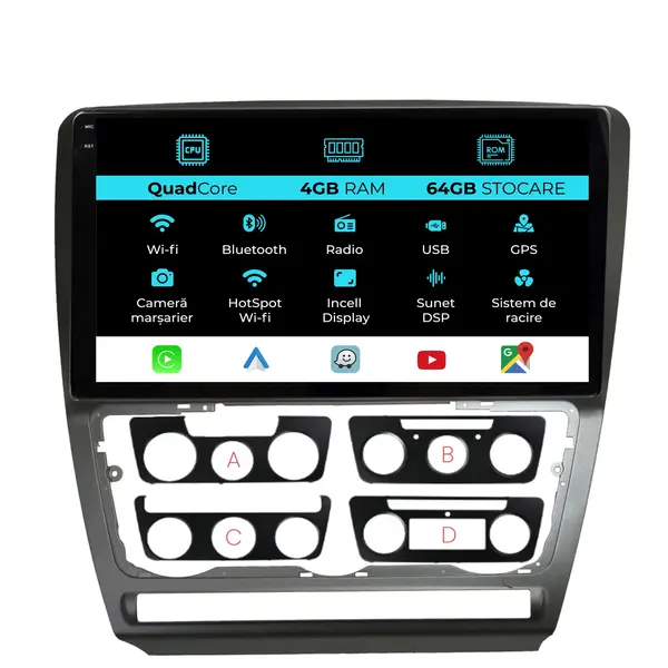 Navigatie Dedicata Skoda Octavia 2 (2004-2013), 10Inch,QuadCore, 4Gb Ram, 64Gb Stocare, Carplay