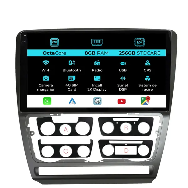 Navigatie Dedicata Skoda Octavia 2 (2004-2013), 2K, 8Gb Ram, 256Gb Stocare, Carplay