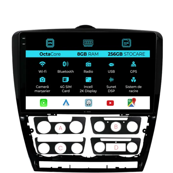 Navigatie Dedicata Skoda Octavia 2 (2004-2013), 2K, 8Gb Ram, 256Gb Stocare, Carplay