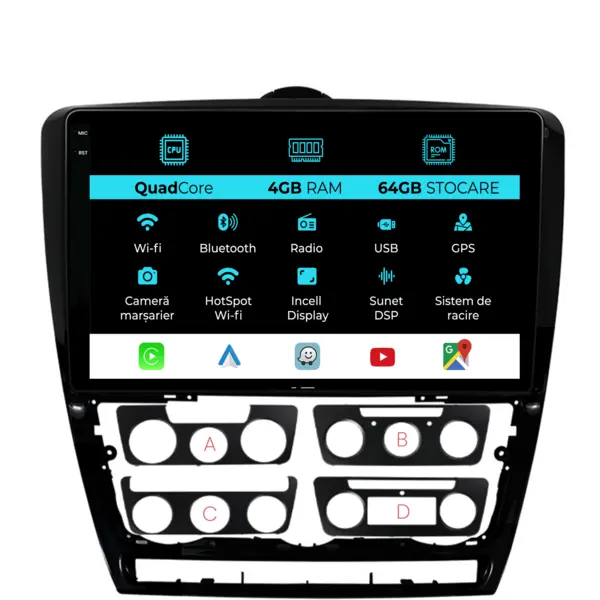 Navigatie Dedicata Skoda Octavia 2 (2004 - 2013), QuadCore, 10 Inch, 4Gb Ram, 64Gb Stocare, Android Auto, Carplay