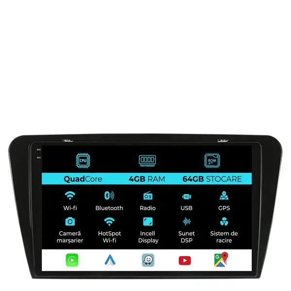 Navigatie Dedicata Skoda Octavia 3 (2013 - 2018), QuadCore, 10 Inch, 4Gb Ram, 64Gb Stocare, Android Auto, Carplay