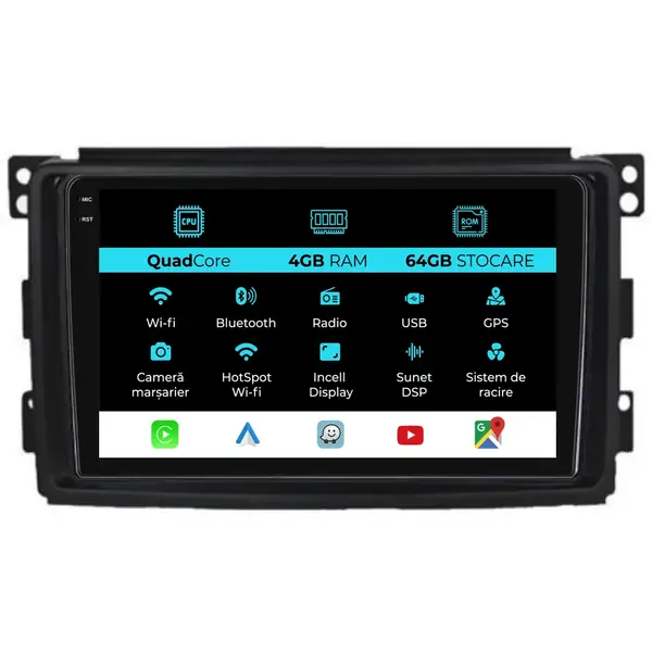 Navigatie Dedicata Smart For Four (2005 - 2010), QuadCore, 9 Inch, 4Gb Ram, 64Gb Stocare, Android Auto, Carplay