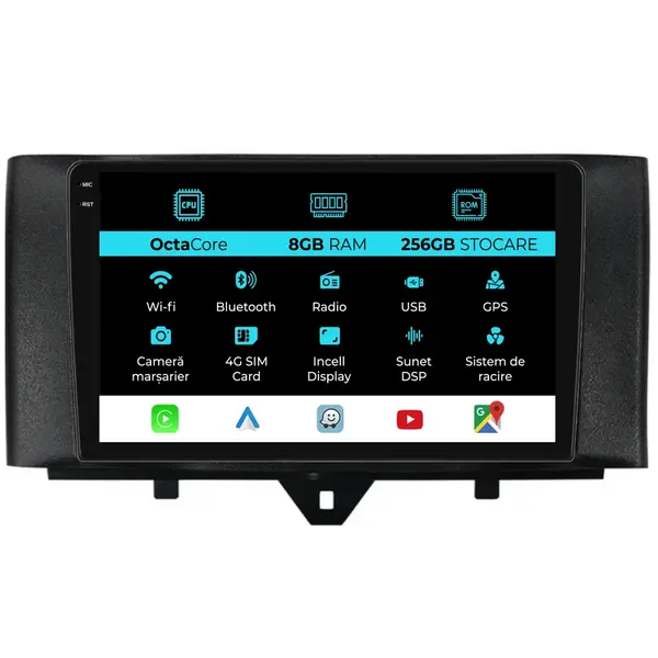 Navigatie Dedicata Smart For Four (2010 - 2015), 10 Inch, 8Gb Ram, 256Gb Stocare, Android Auto, Carplay