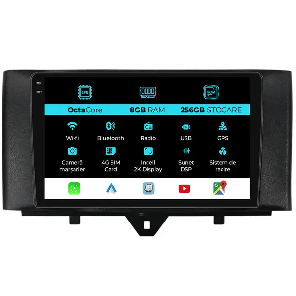 Navigatie Dedicata Smart For Four (2010 - 2015), 2K, 8Gb Ram, 256Gb Stocare, Android Auto, Carplay