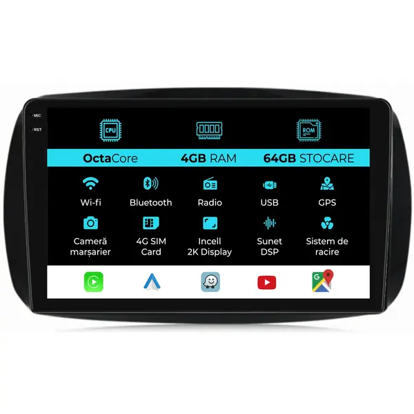 Navigatie Dedicata Smart For Four (2016 - 2021), 2K, 4Gb Ram, 64Gb Stocare, Android Auto, Carplay