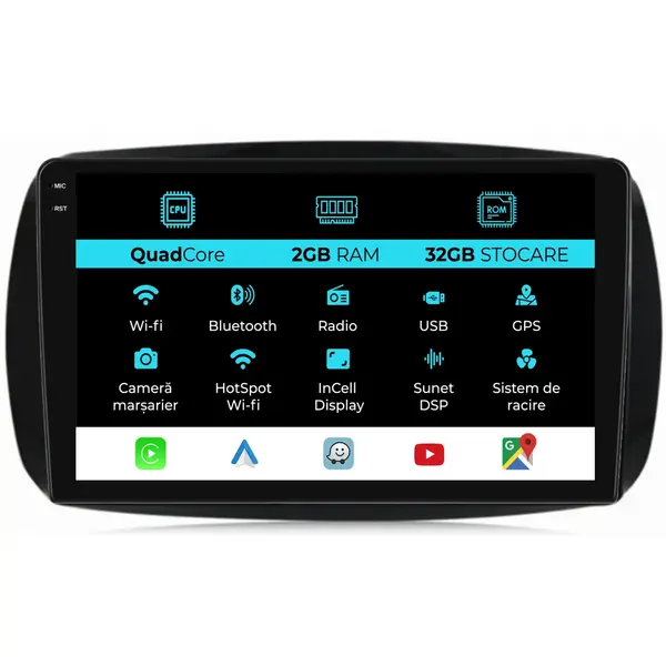 Navigatie Dedicata Smart For Four (2016 - 2021), 9 Inch, 2Gb Ram, 32Gb Stocare, Android Auto, Carplay