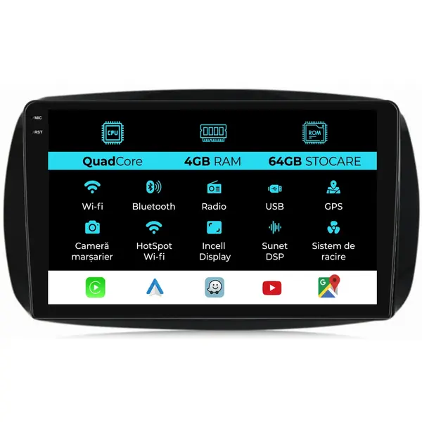 Navigatie Dedicata Smart For Four (2016 - 2021), QuadCore, 9 Inch, 4Gb Ram, 64Gb Stocare, Android Auto, Carplay