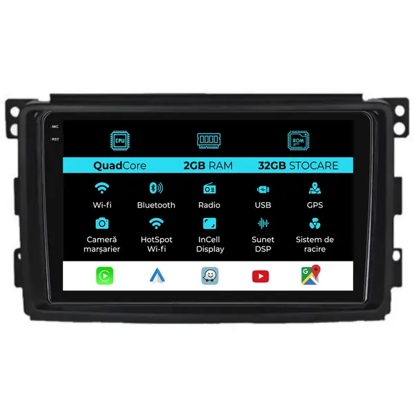 Navigatie Dedicata Smart For Two (2005-2010) For Four (2005-2010), 9Inch, 2Gb Ram, 32Gb stocare, Carplay