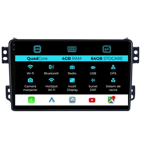 Navigatie Dedicata Suzuki Splash (2008-2014), QuadCore, 9 Inch, 4Gb Ram, 64Gb Stocare, Android Auto, Carplay