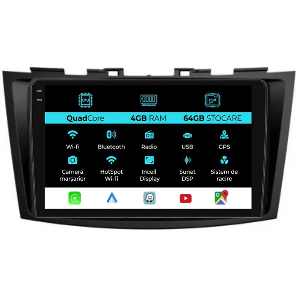 Navigatie Dedicata Suzuki Swift (2003 - 2010), QuadCore, 9 Inch, 4Gb Ram, 64Gb Stocare, Android Auto, Carplay