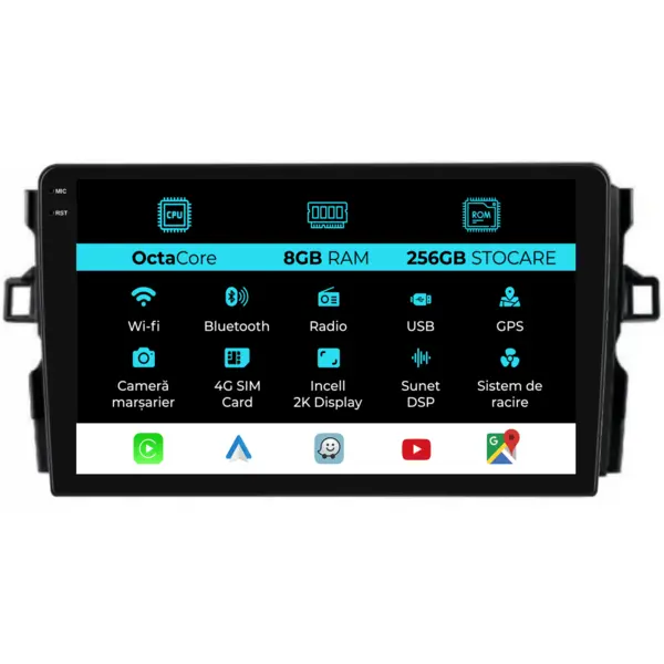 Navigatie Dedicata Toyota Auris (2006 - 2012), 2K, 8Gb Ram, 256Gb Stocare, Carplay