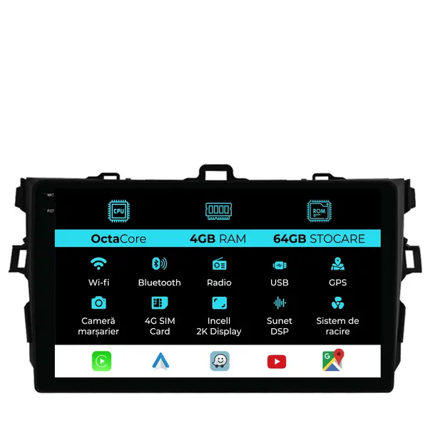 Navigatie Dedicata Toyota Corolla (2006-2013), 2K, 4Gb Ram, 64Gb Stocare, Carplay