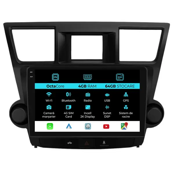 Navigatie Dedicata Toyota Highlander (2008 - 2014), 2K, 4Gb Ram, 64Gb Stocare, Android Auto, Carplay