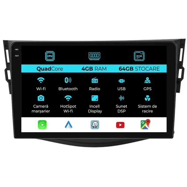 Navigatie Dedicata Toyota Rav 4 (2006 - 2013), QuadCore, 9 Inch, 4Gb Ram, 64Gb Stocare, Android Auto, Carplay