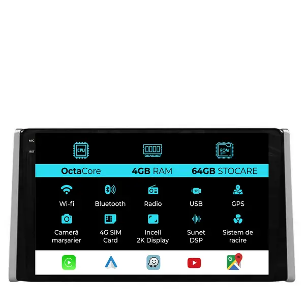 Navigatie Dedicata Toyota Rav4 (2018-2024), 2K, 4Gb Ram, 64Gb Stocare, Carplay