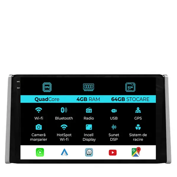 Navigatie Dedicata Toyota Rav4 (2018-2024),QuadCore, 9Inch, 4Gb Ram, 64Gb Stocare, Carplay