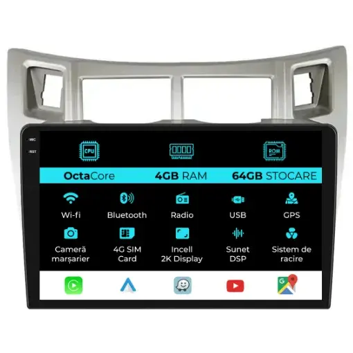 Navigatie Dedicata Toyota Yaris (2005-2011), 2K, 4Gb Ram, 64Gb Stocare, Carplay