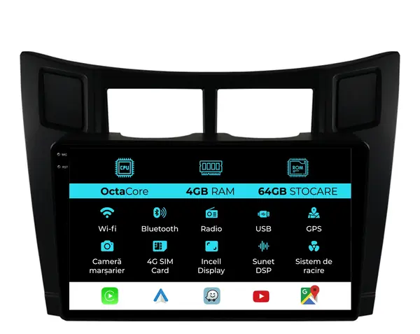Navigatie Dedicata Toyota Yaris (2005-2011), 9Inch, 4Gb Ram, 64Gb Stocare, Carplay