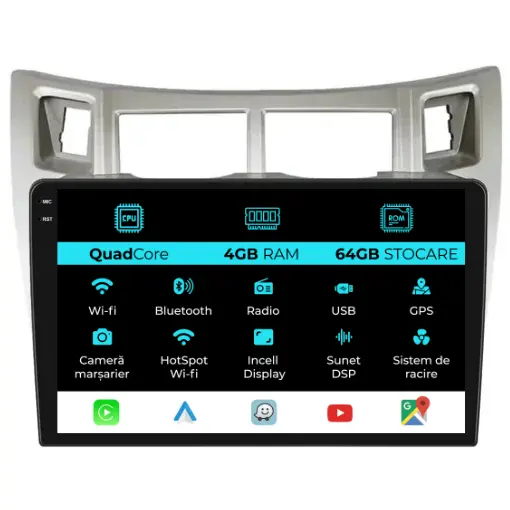 Navigatie Dedicata Toyota Yaris (2005-2011),QuadCore, 9Inch, 4Gb Ram, 64Gb Stocare, Carplay