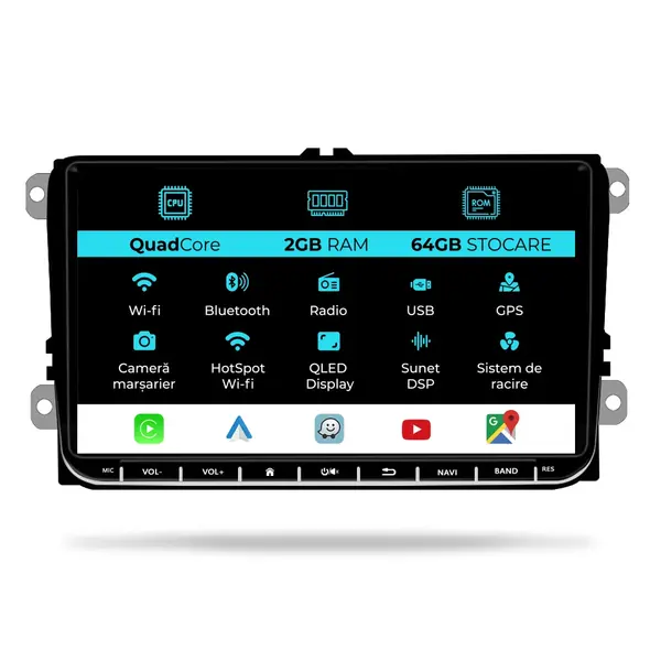 Navigatie Dedicata Volkswagen, 9Inch, 2Gb Ram, 64Gb stocare, Carplay