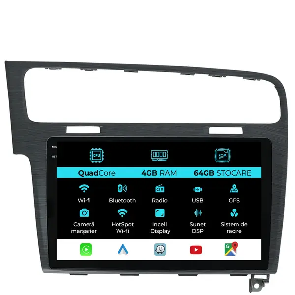 Navigatie Dedicata Volkswagen Golf 7 (2013 - 2020), QuadCore, 10 Inch, 4Gb Ram, 64Gb Stocare, Android Auto, Carplay