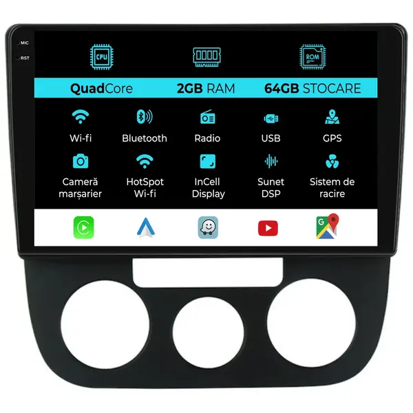 Navigatie Dedicata Volkswagen Golf5 Jetta (2004-2009), 10Inch, 2Gb Ram, 32Gb Stocare, Carplay - Clima Manuala