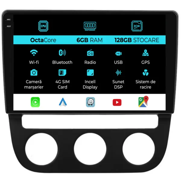Navigatie Dedicata Volkswagen Jetta (2005 - 2018), 10 Inch, 6Gb Ram, 128Gb Stocare, Android Auto, Carplay