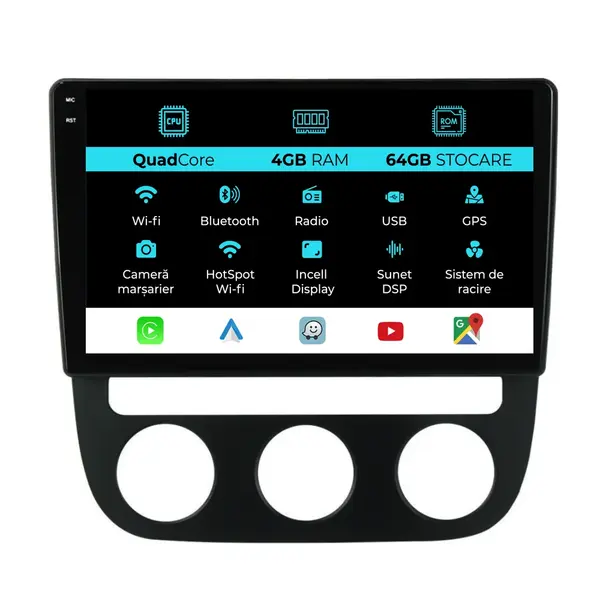 Navigatie Dedicata Volkswagen Jetta (2005 - 2018), QuadCore, 10 Inch, 4Gb Ram, 64Gb Stocare, Android Auto, Carplay