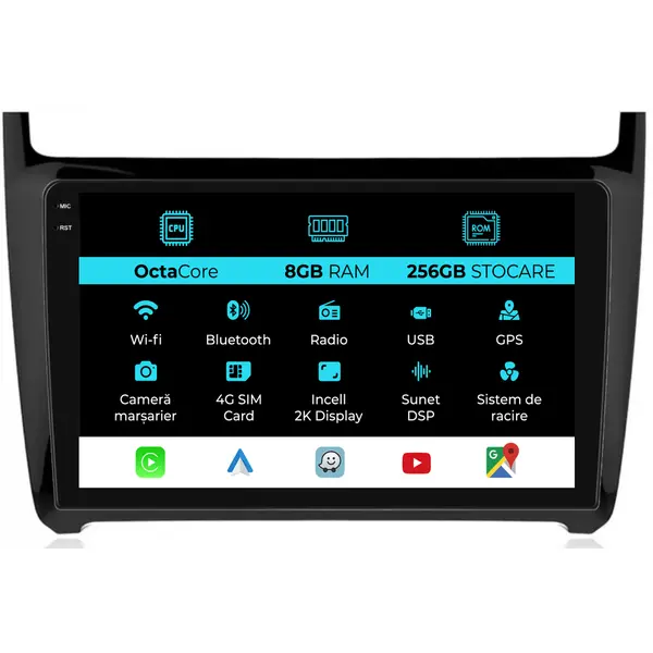 Navigatie Dedicata Volkswagen Polo (2009-2018), 2K, 8Gb Ram, 256Gb Stocare, Carplay