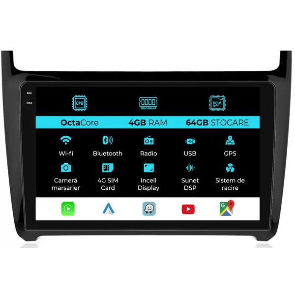 Navigatie Dedicata Volkswagen Polo (2009-2018), 9Inch, 4Gb Ram, 64Gb Stocare, Carplay