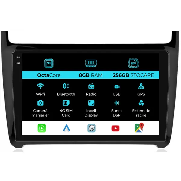Navigatie Dedicata Volkswagen Polo (2009-2018), 9Inch, 8Gb Ram, 256Gb Stocare, Carplay
