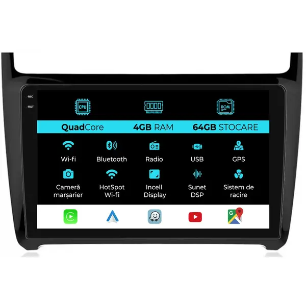 Navigatie Dedicata Volkswagen Polo (2009-2018),QuadCore, 9Inch, 4Gb Ram, 64Gb Stocare, Carplay