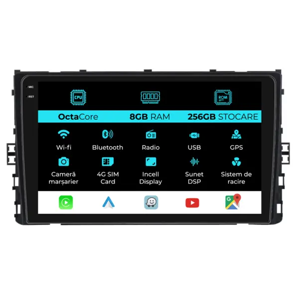 Navigatie Dedicata Volkswagen Polo 2017+, 9 Inch, 8Gb Ram, 256Gb Stocare, Android Auto, Carplay