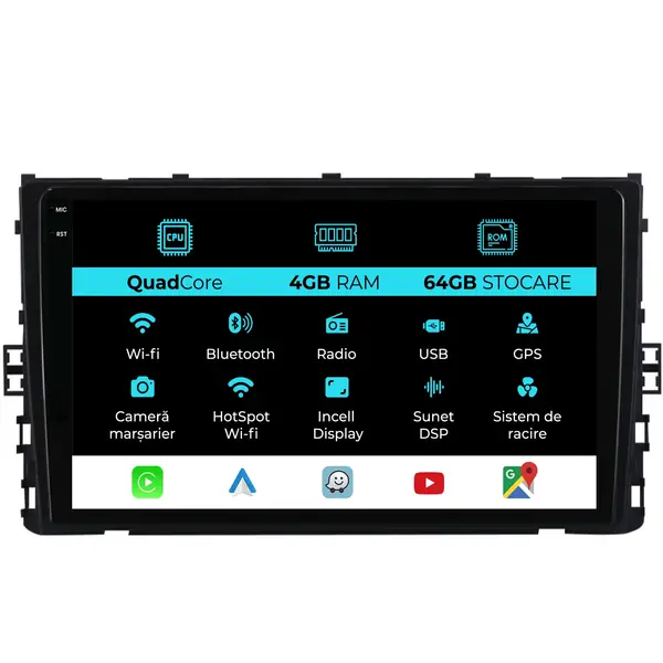 Navigatie Dedicata Volkswagen T-Roc (2017 - 2025), QuadCore, 9 Inch, 4Gb Ram, 64Gb Stocare, Android Auto, Carplay