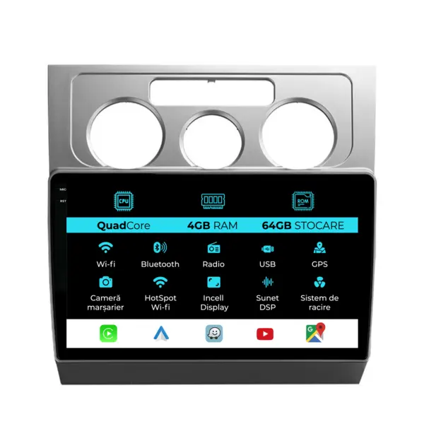 Navigatie Dedicata Volkswagen Touran (2003 - 2014), QuadCore, 10 Inch, 4Gb Ram, 64Gb Stocare, Android Auto, Carplay