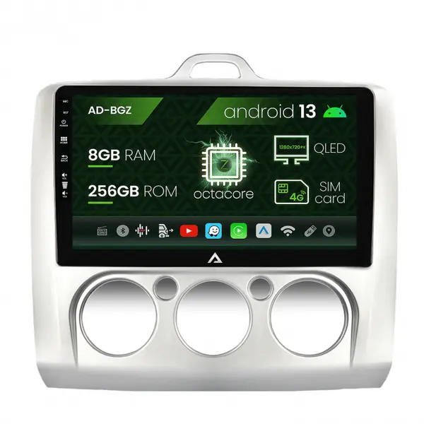 Navigatie Ford Focus MK2 (2004-2011), Clima manuala, Android 13, Z-Octacore 8GB RAM + 256GB ROM, 9 Inch - AD-BGZ9008+AD-BGRKIT112